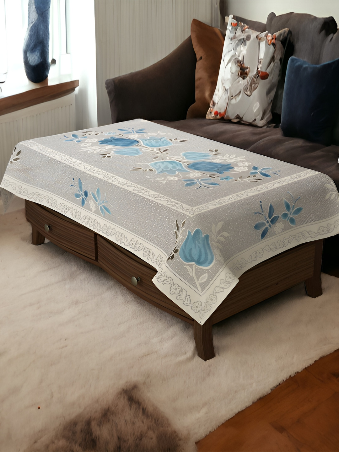 BIGGER FISH Blue Printed Cotton 4-Seater Table Cover