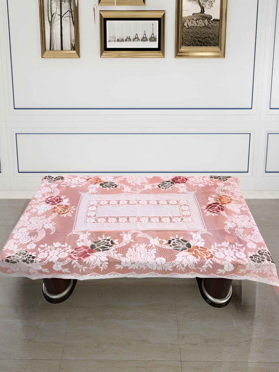 BIGGER FISH Peach-Coloured Floral Woven Design Cotton 4 Seater Table Cover