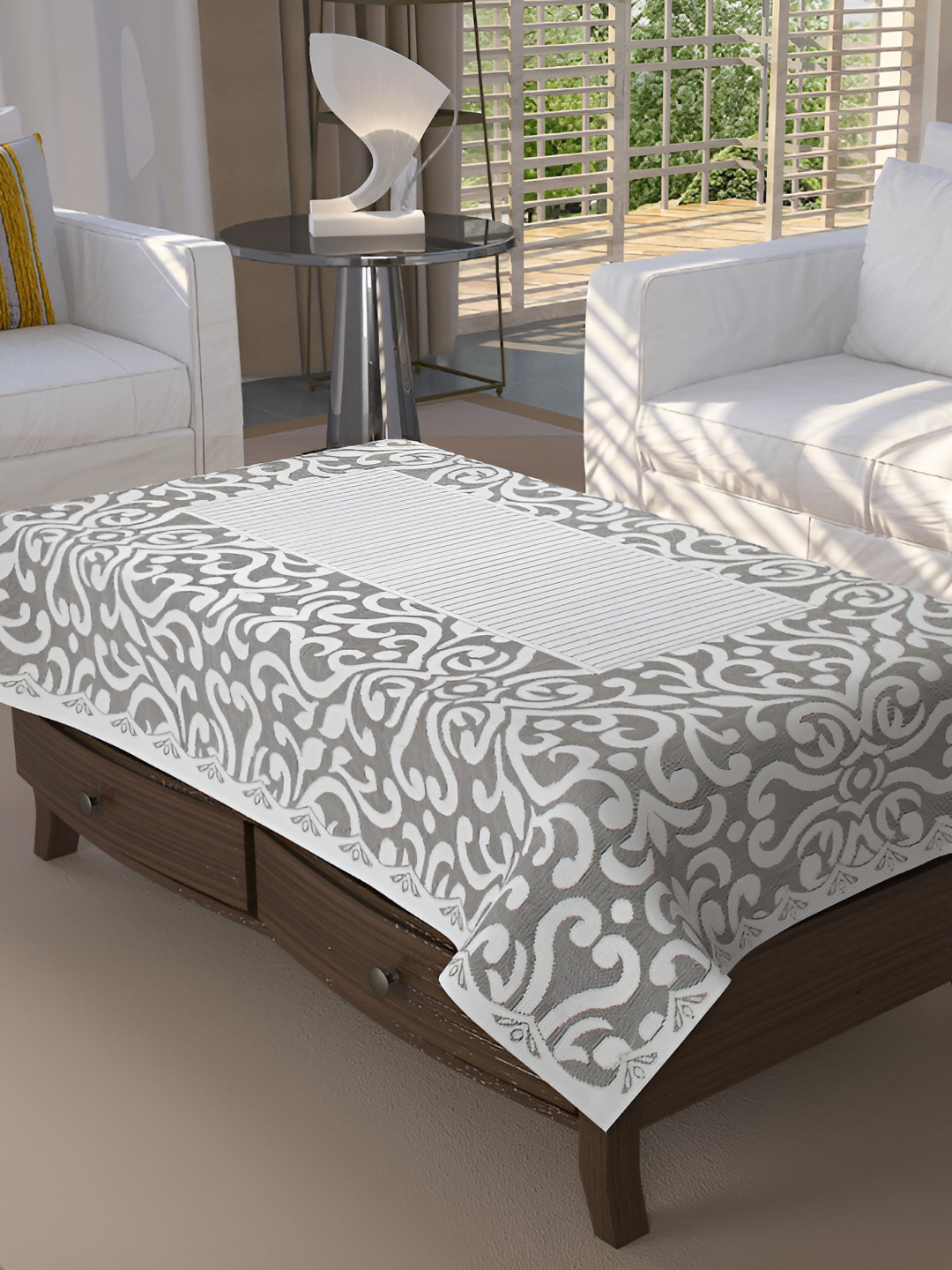 BIGGER FISH Grey Ethnic Motifs Cotton 4-Seater Table Cover