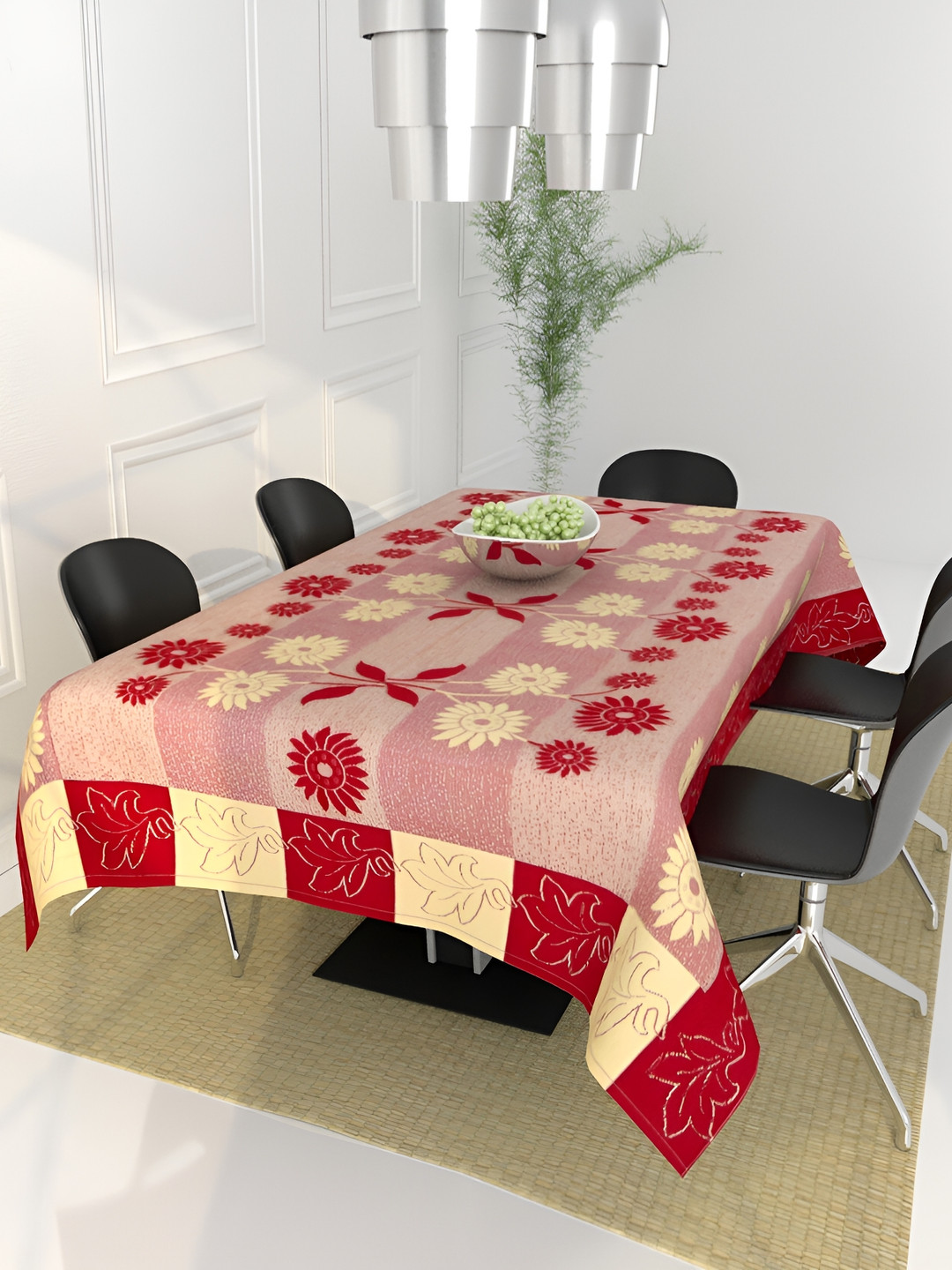 BIGGER FISH Maroon Floral Woven Design 6-Seater Table Cover