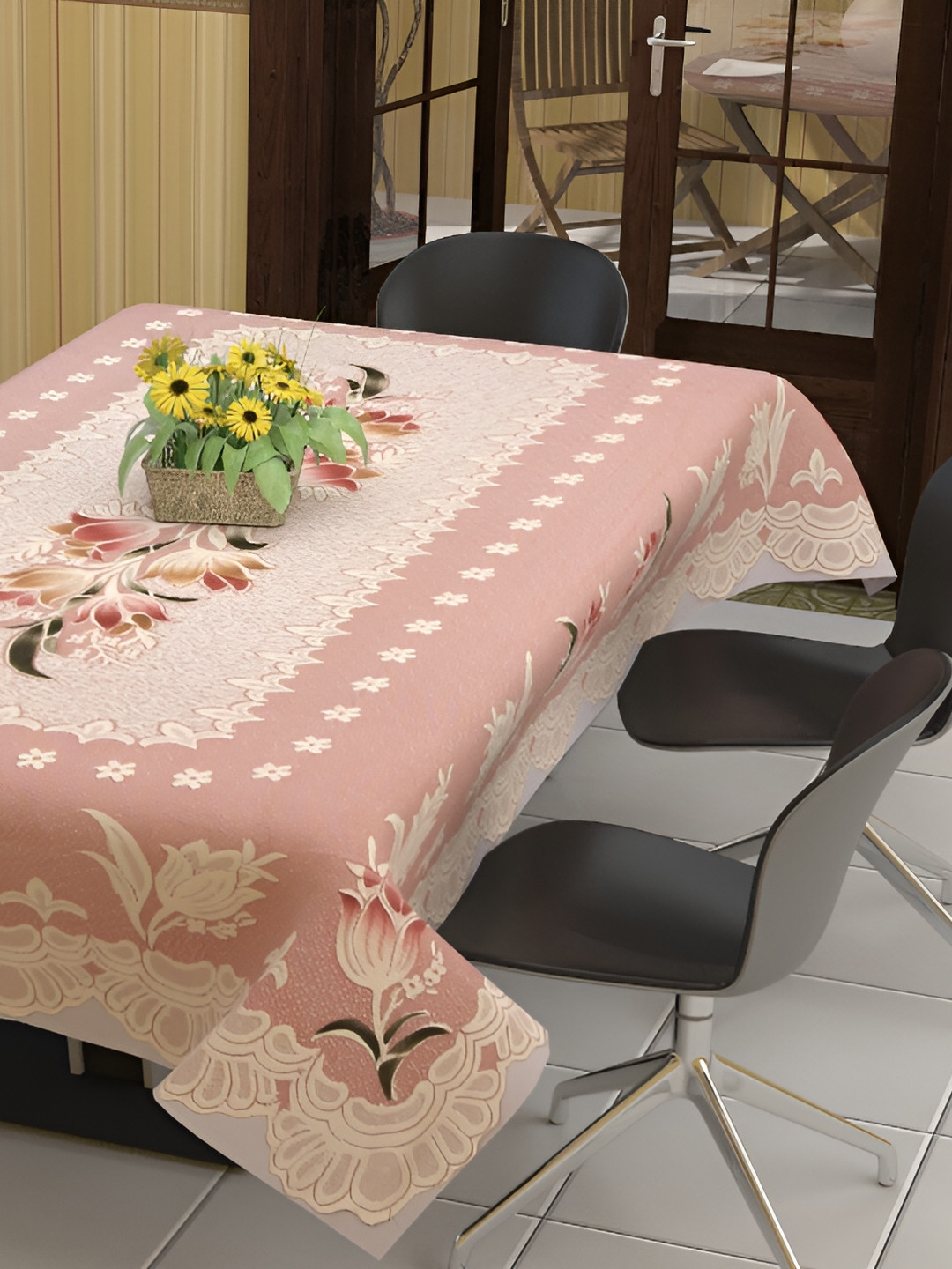 BIGGER FISH Peach & White Floral Cotton Rectangular 6-Seater Table Cover
