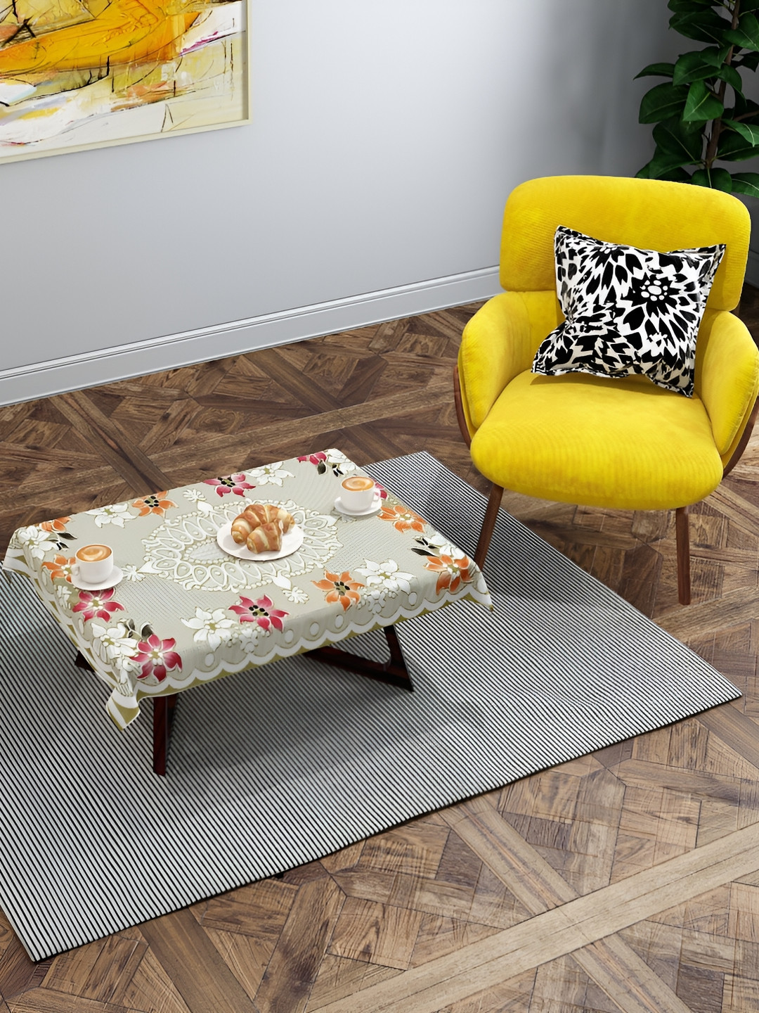BIGGER FISH Beige & Brown Floral Textured Rectangle Table Cover