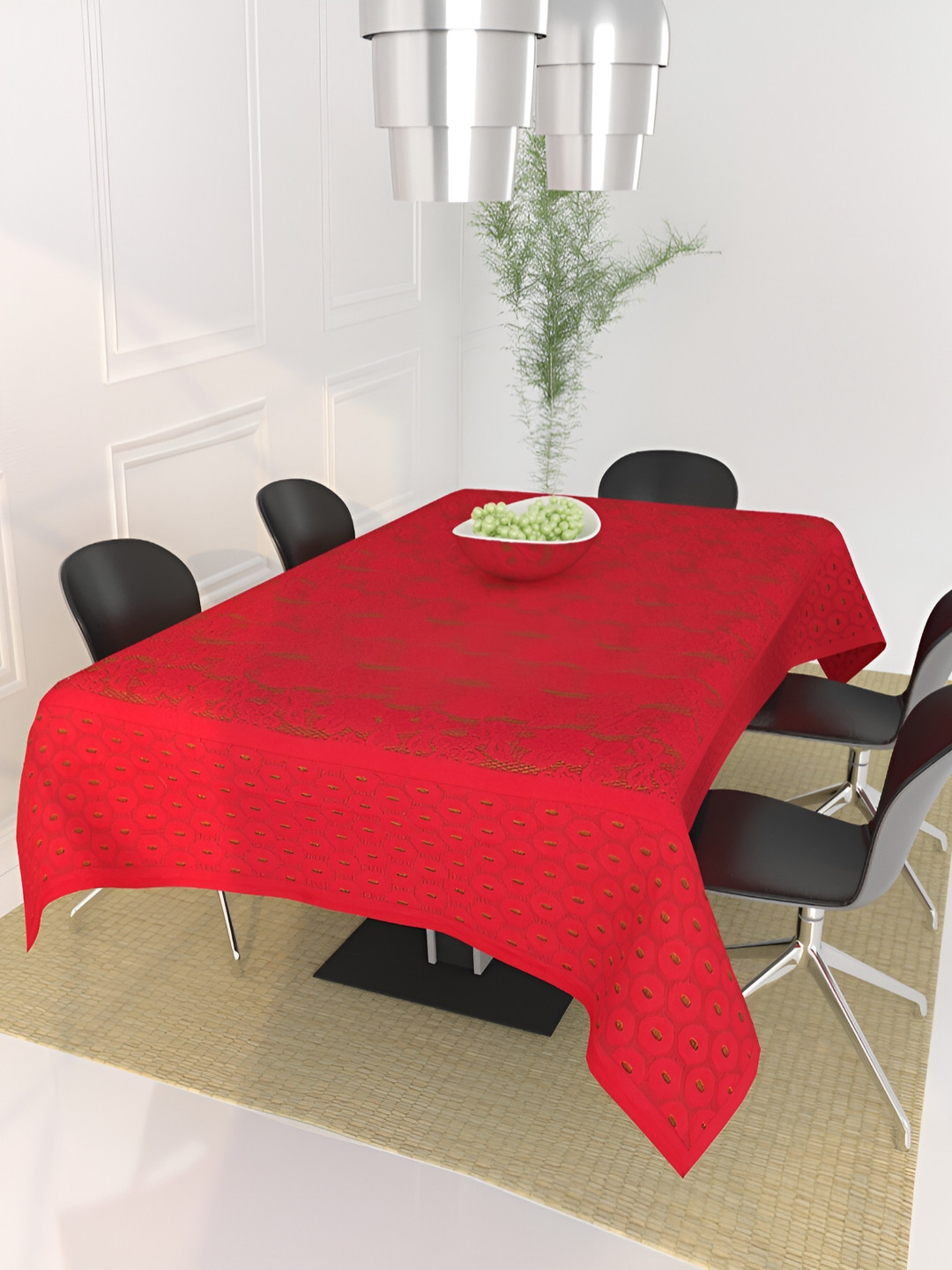 BIGGER FISH Maroon Self Design Cotton 6-Seater Table Cover