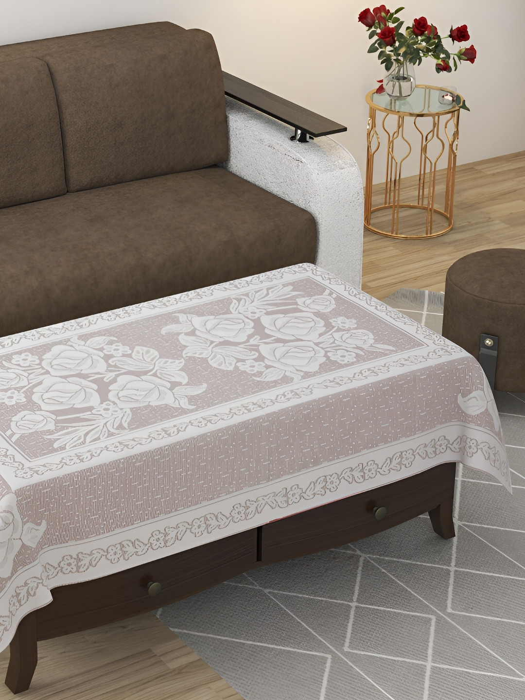 BIGGER FISH Off White & Brown Floral Textured Rectangle Table Cover