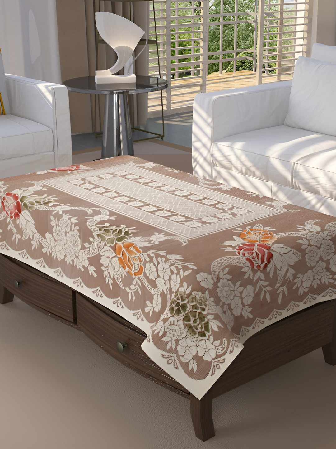 BIGGER FISH Brown & Beige Floral Textured Rectangle Table Cover