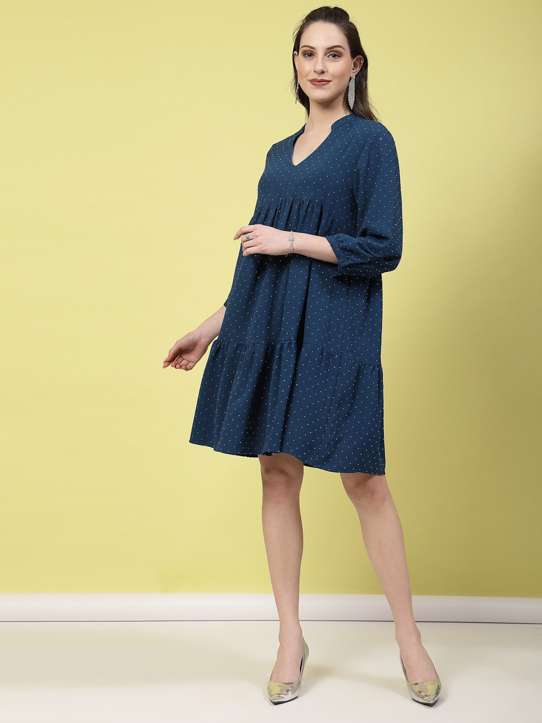 Mafadeny Polka Dot Printed Mandarin Collar A-Line Dress