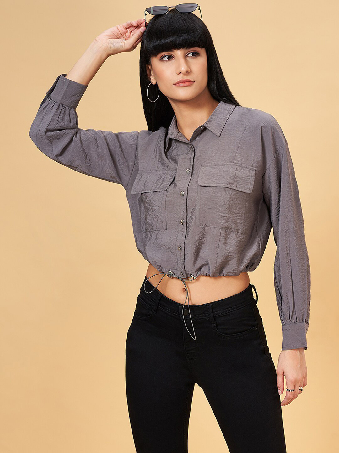 SF JEANS by Pantaloons Shirt Collar Cuffed Sleeve Crop Shirt Style Crop Top