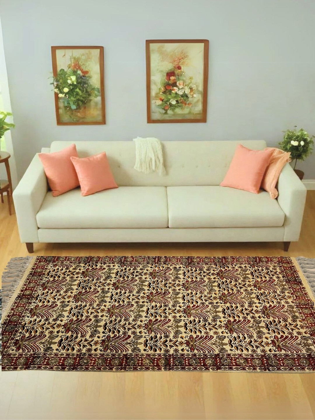 Peepul Tree Handmade Floral Cream & Red Cotton Carpet