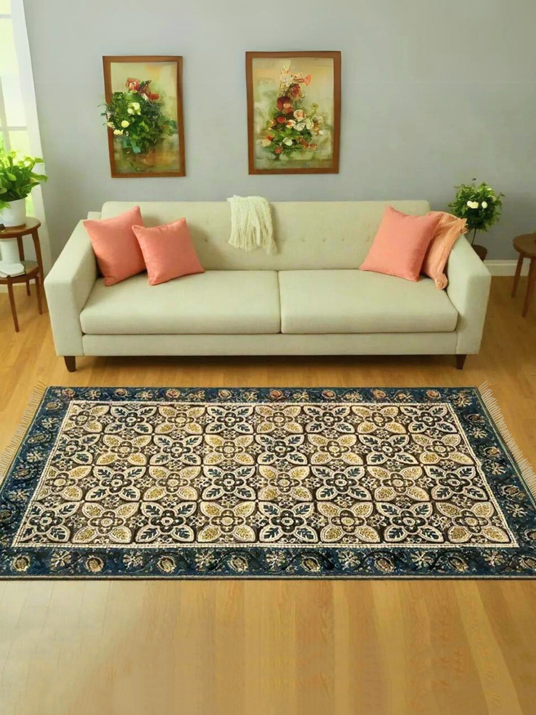 Peepul Tree Handmade Floral Blue & Beige Cotton Carpet (3x5ft)