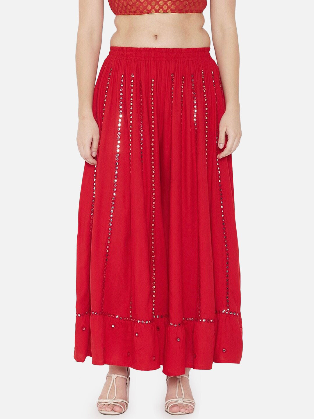 BCZ Style Embellished Mirror Work Maxi Flared Skirt