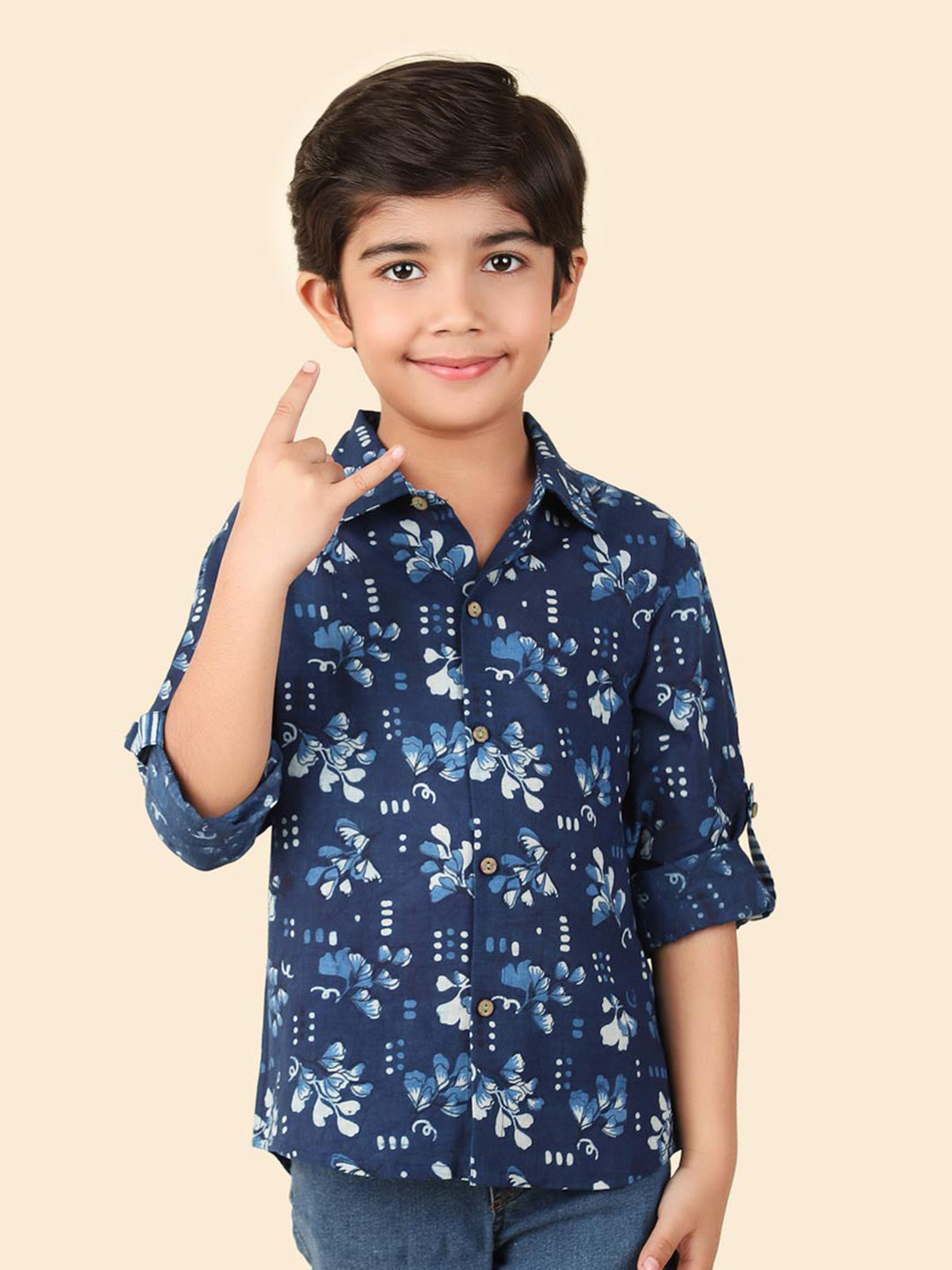 Fabindia Boys Floral Printed Cotton Spread Collar Curved Casual Shirt