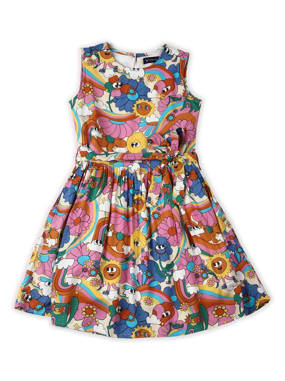 Allen Solly Junior Girls Floral Printed Round Neck Sleeveless Belted Fit & Flare Dress