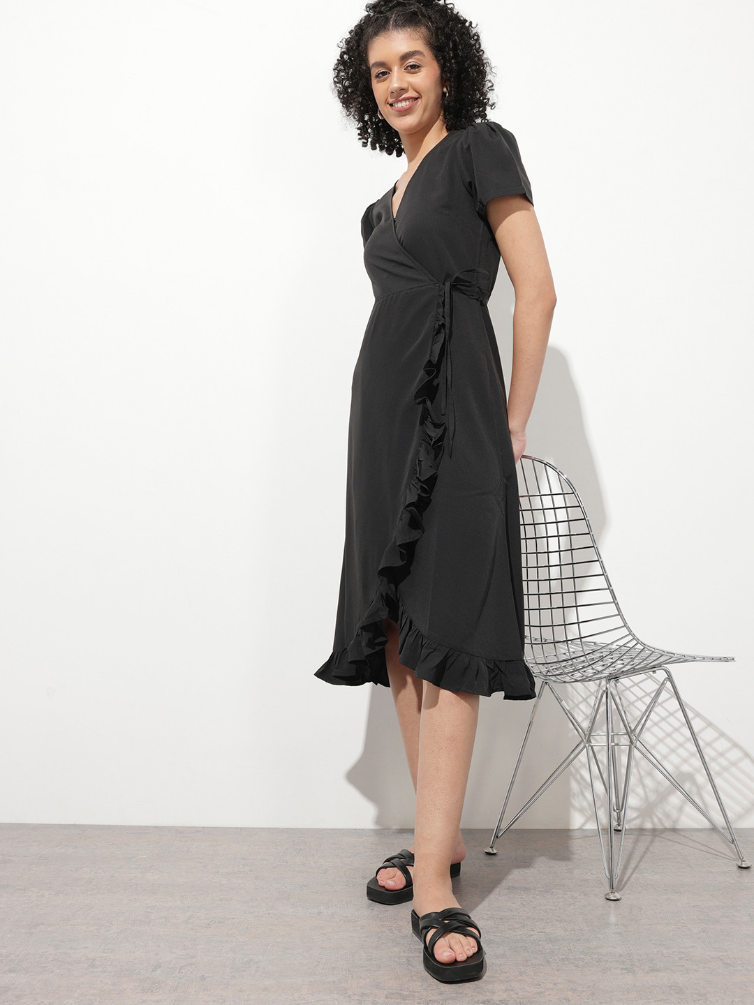 DressBerry Ruffled Puff Sleeves Wrap Midi Dress