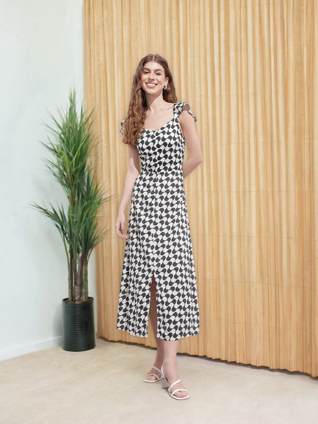 DressBerry Monochrome Ruffled A-Line Midi Dress