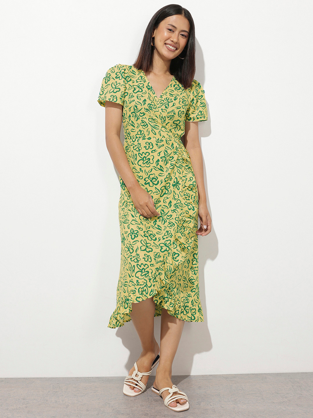 DressBerry Floral Printed Ruffle Wrap Midi Dress