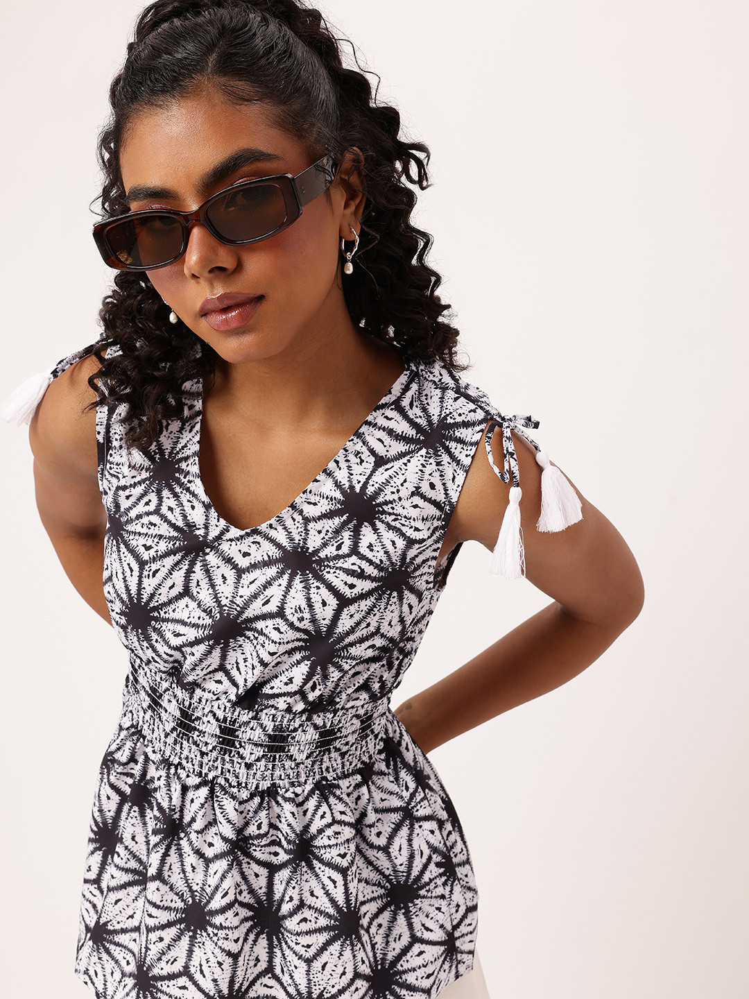 DressBerry Monochrome Shoulder Ties Peplum Top