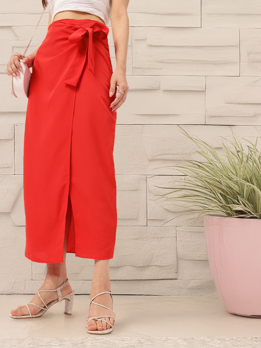 DressBerry Women Bow Front Slit Wrap Midi Skirt