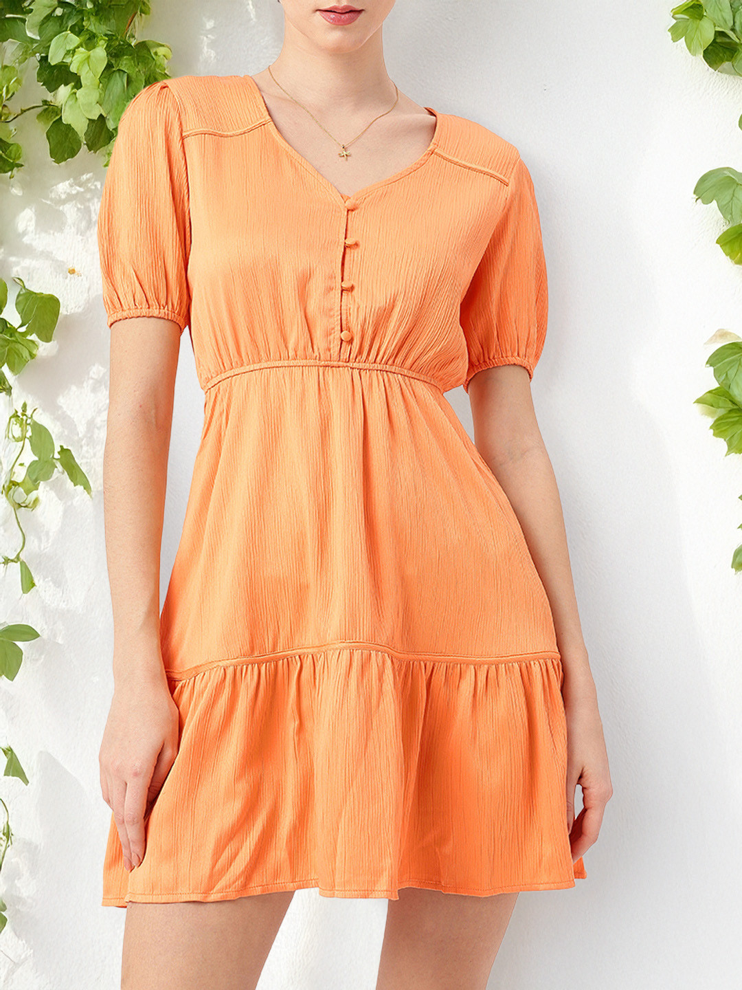 DressBerry Tiered Solid Fit and Flare Puff Sleeves Dress