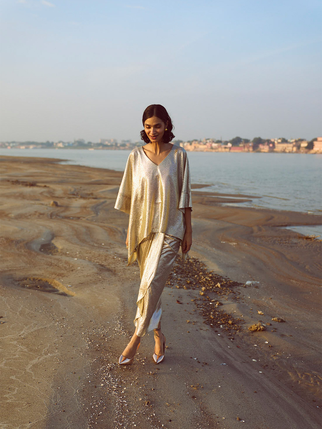 Dash and Dot Self Design Shimmer Boxy Top