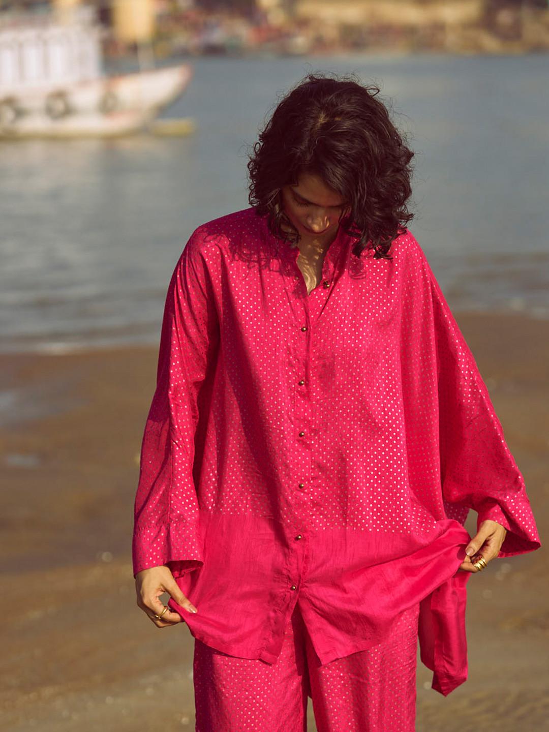 Dash and Dot Polka Dot Foil Printed Longline Casual Oversized Shirt