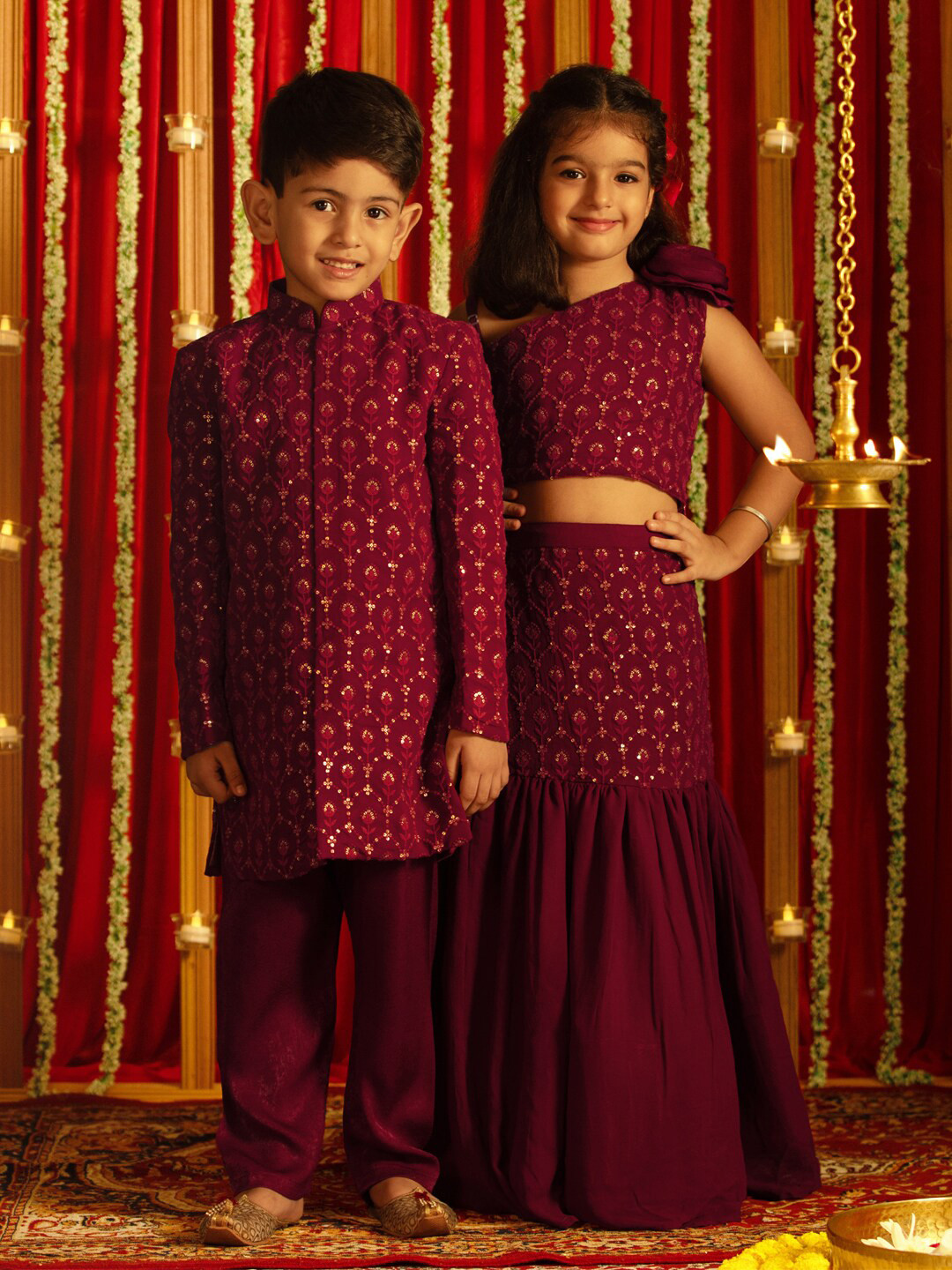 VASTRAMAY Girls Embellished One Shoulder Sequinned Ready to Wear Lehenga & Blouse