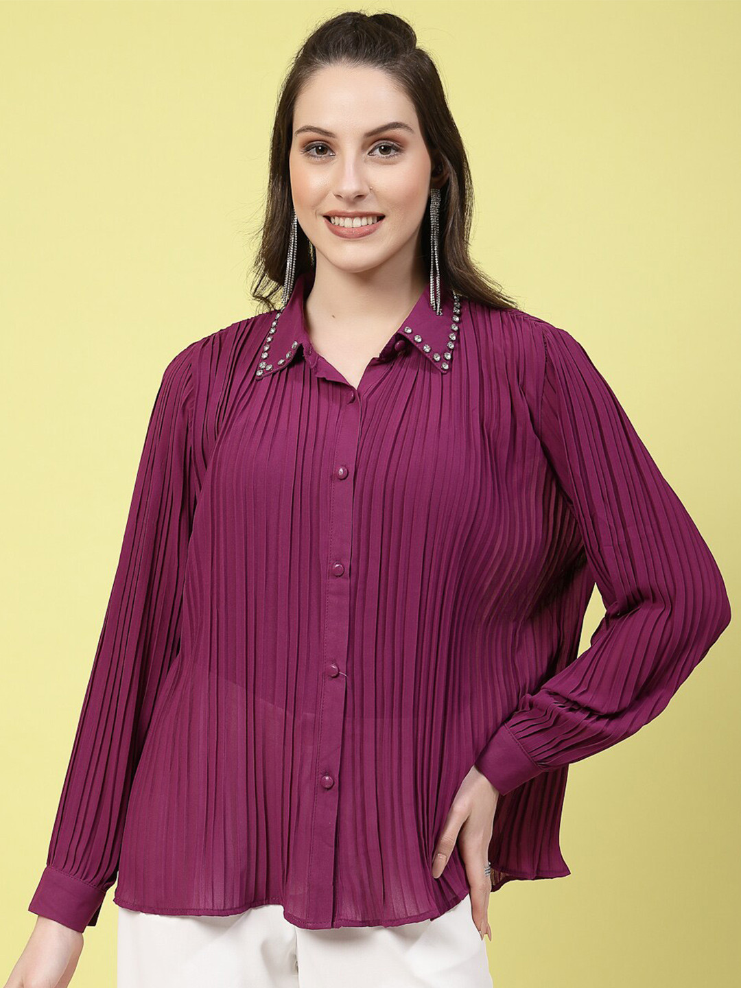 Mafadeny Vertical Stripes Spread Collar Embellished Casual Shirt