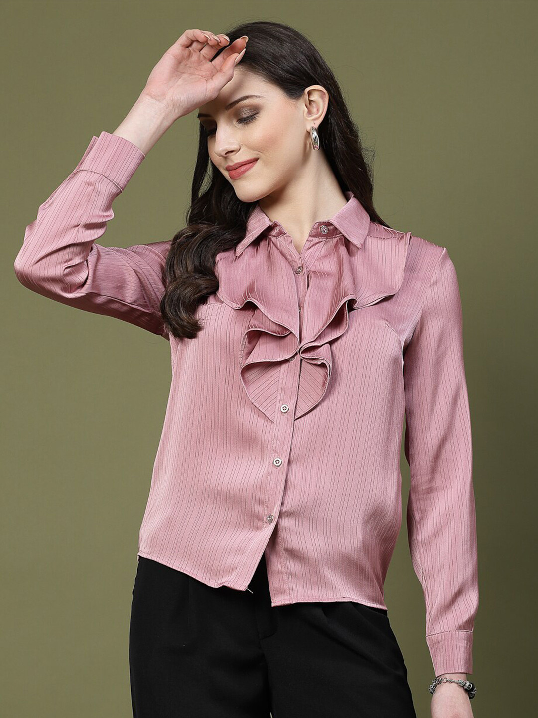 Mafadeny Shirt Collar Ruffles Shirt Style Top