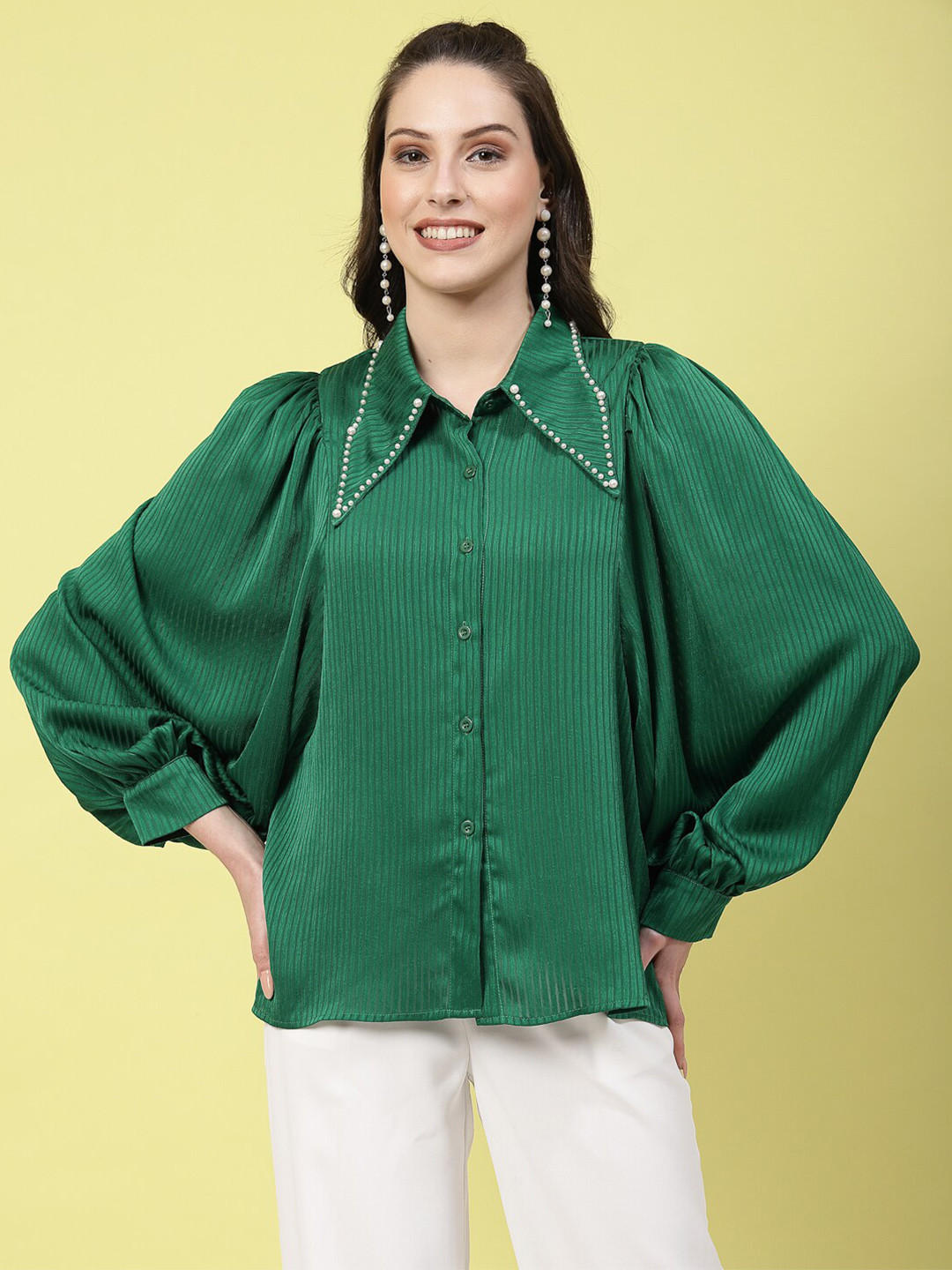 Mafadeny Vertical Stripes Embellished Spread Collar High-Low Casual Shirt