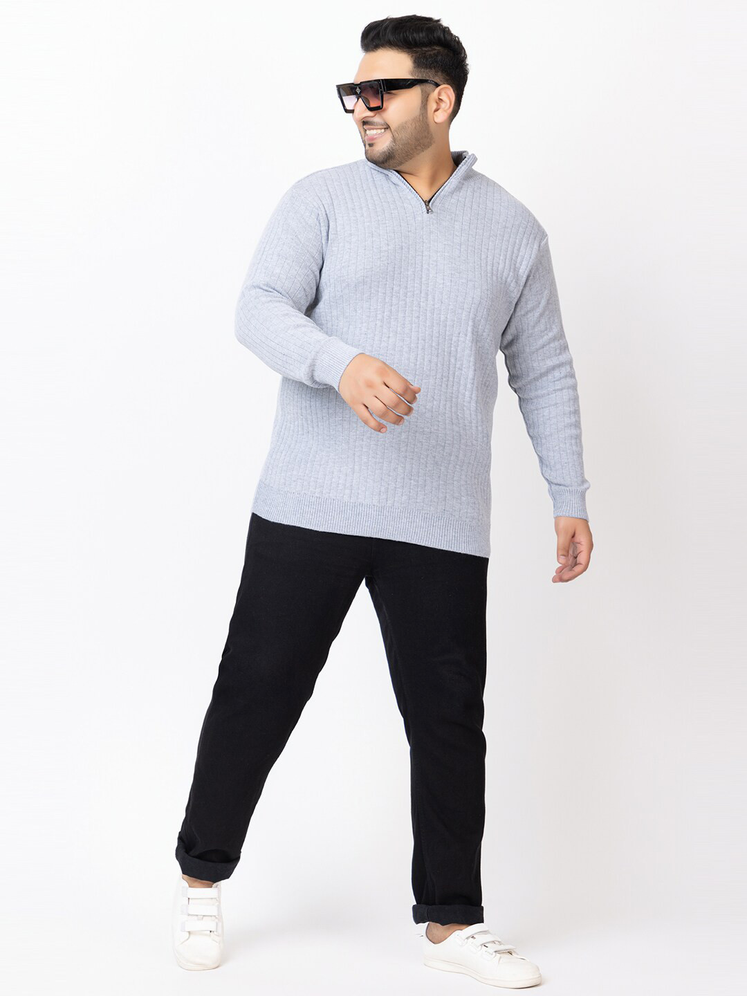 KVETOO Striped Acrylic Turtle Neck Pullover with Zip Detail Detail Plus Size Sweater