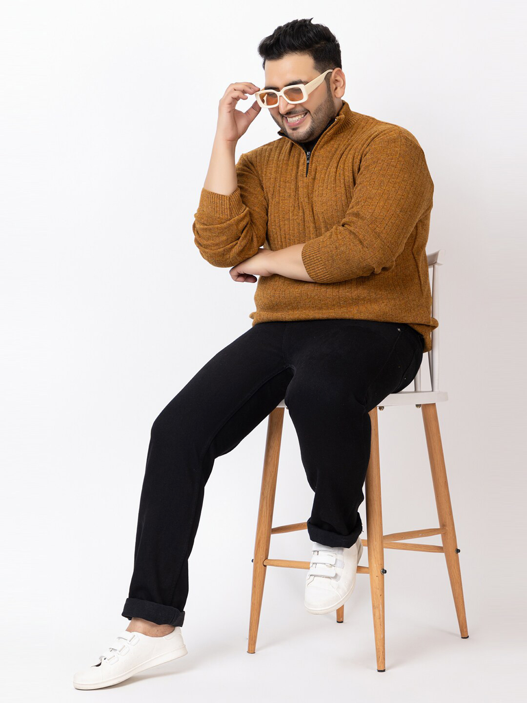 KVETOO Striped Acrylic Pullover with Zip Detail Detail Plus Size Sweater