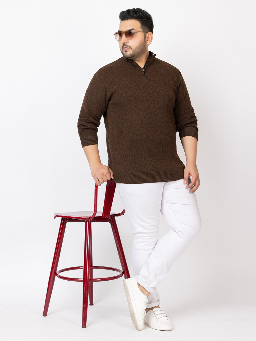 KVETOO Striped Acrylic Turtle Neck Pullover with Zip Detail Detail Plus Size  Sweater