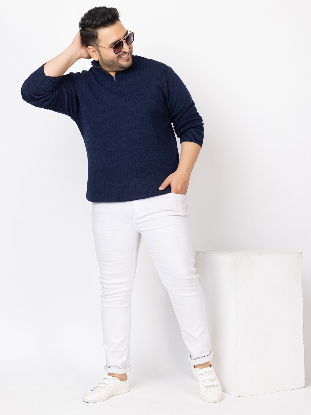 KVETOO Striped Acrylic Turtle Neck Pullover with Zip Detail Detail Plus Size Sweater