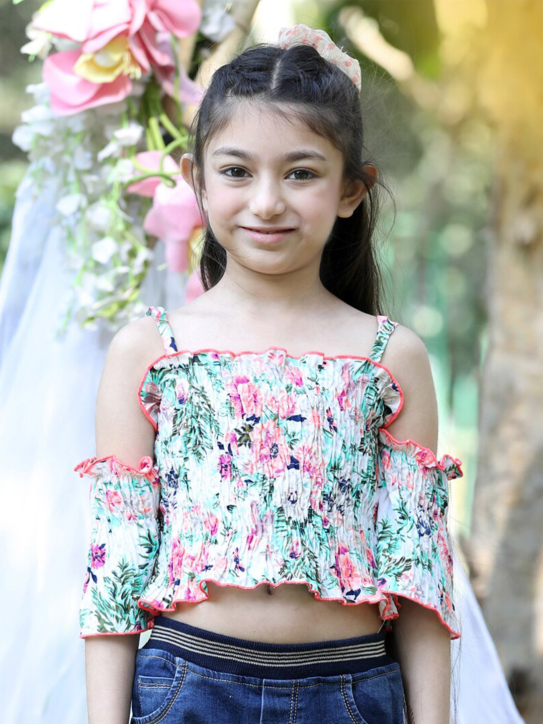 Cutiekins Girls Floral Printed Shoulder Straps Cold-Shoulder Sleeves Smocked Crop Top