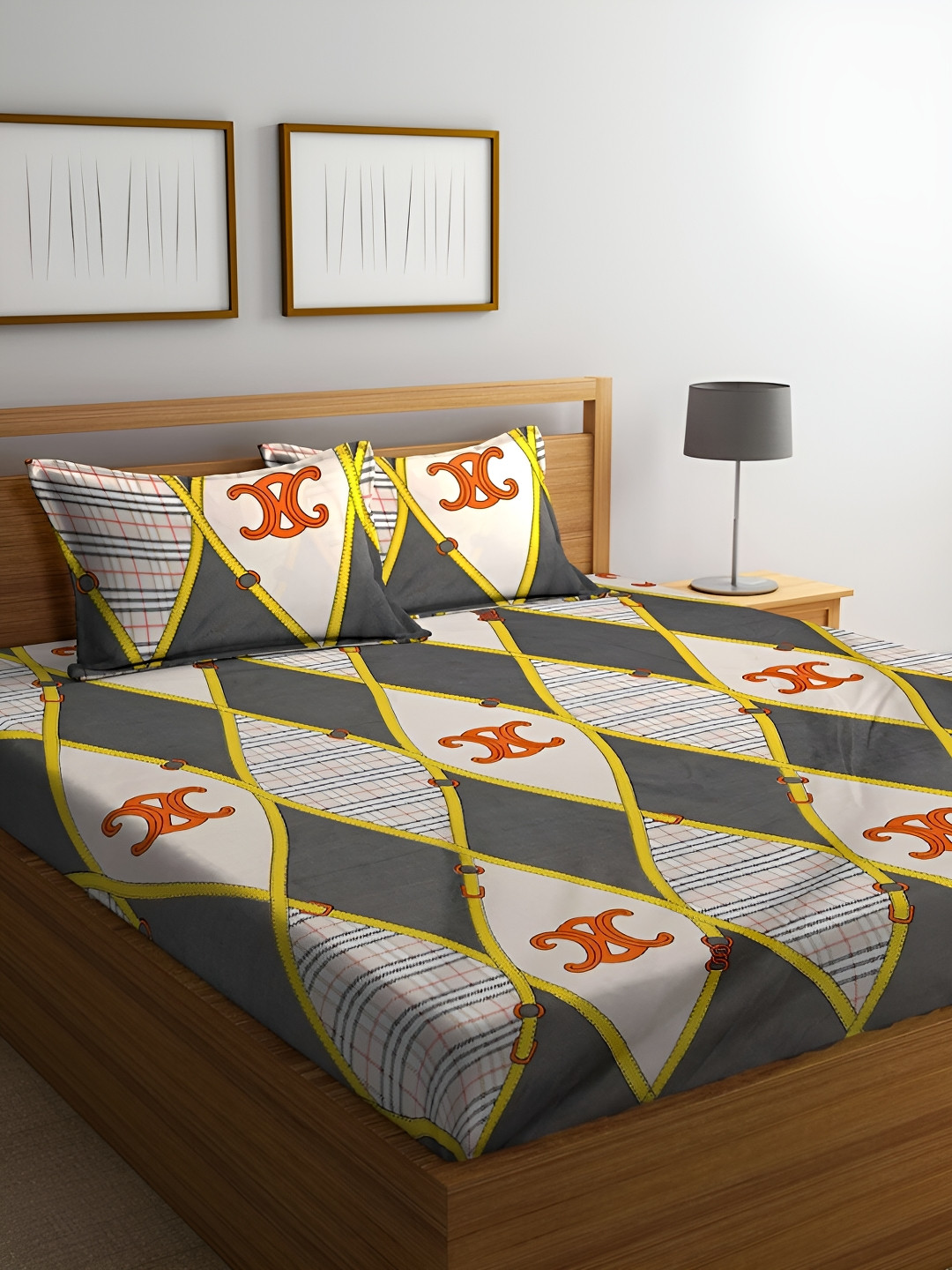 Innovative Edge White Geometric Cotton 160 TC Fitted King Superfine Bedsheet with 2 Pillow Covers-72 x 78 inches