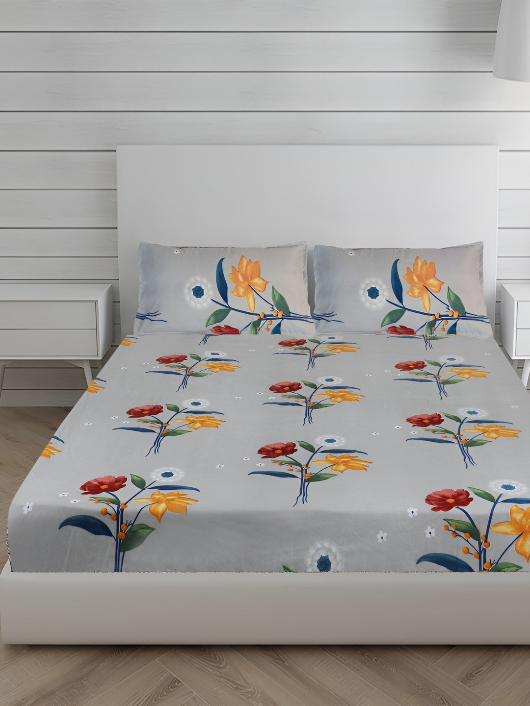 Innovative Edge Dabal Grey Floral Cotton 160 TC Fitted King Fine Bedsheet with 2 Pillow Covers-182 x 198 x 15 cm