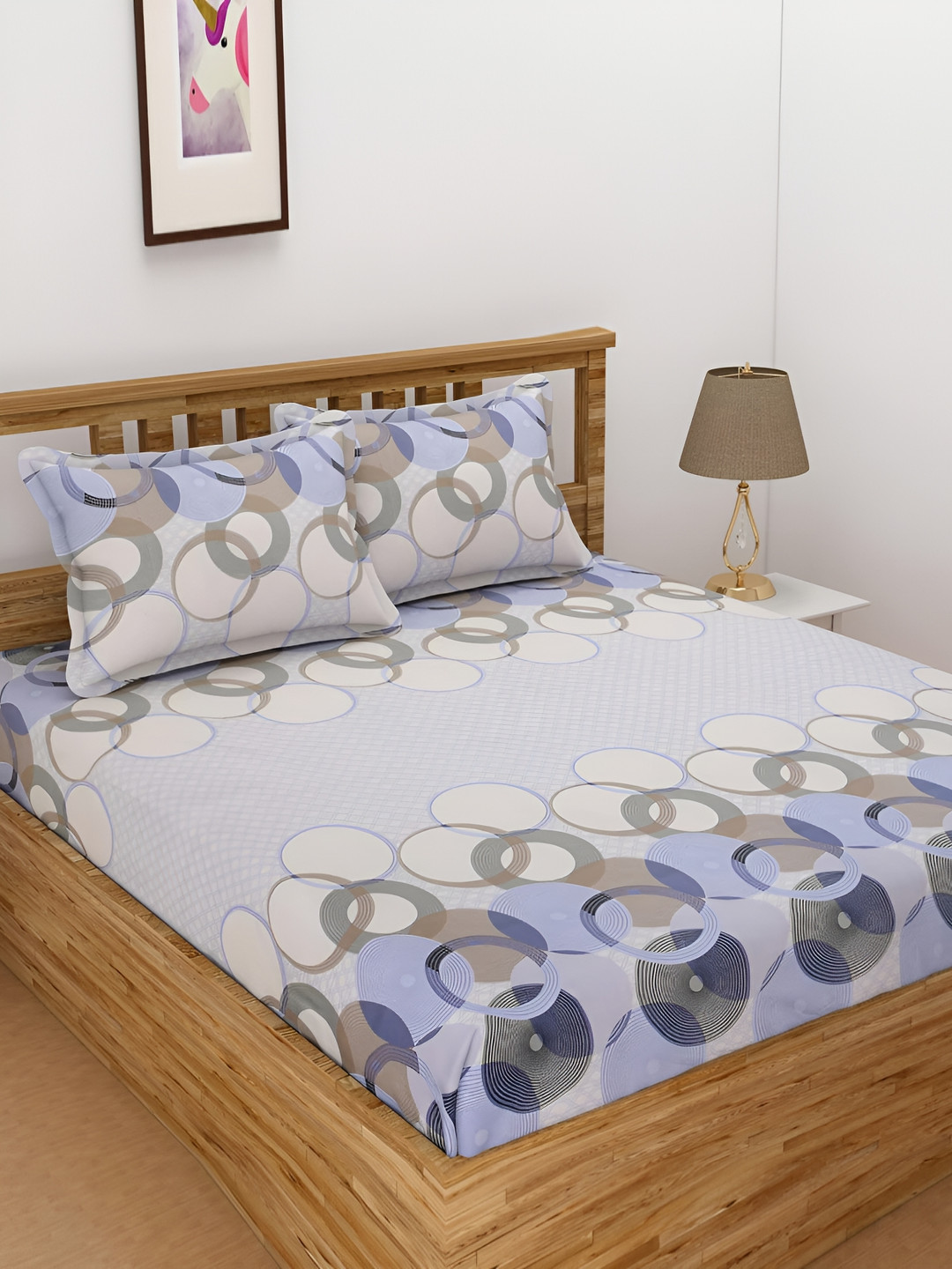 Innovative Edge Purple Geometric Cotton 160 TC Fitted King Fine Bedsheet with 2 Pillow Covers-72 x 78 inches