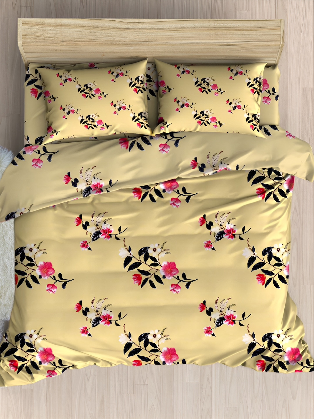 Innovative Edge Guldasta Yellow Floral Cotton 160 TC Fitted King Fine Bedsheet with 2 Pillow Covers-182 x 198 cm