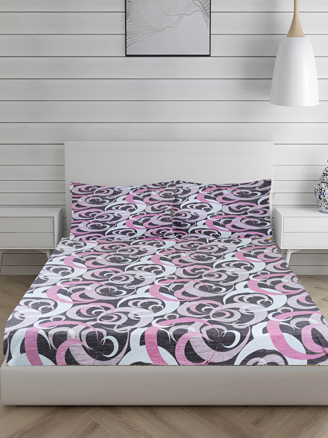 Innovative Edge Pink Abstract Cotton 160 TC Fitted King Fine Bedsheet with 2 Pillow Covers-72 x 78 inches