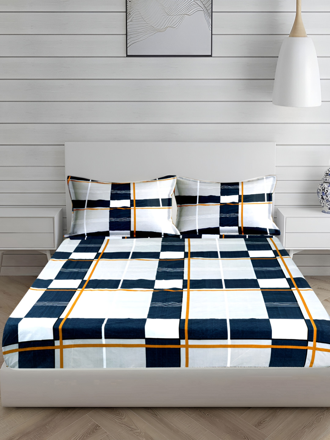 Innovative Edge Cotton Blue Geometric Cotton 160 TC Fitted King Fine Bedsheet with 2 Pillow Covers-182 x 198 cm