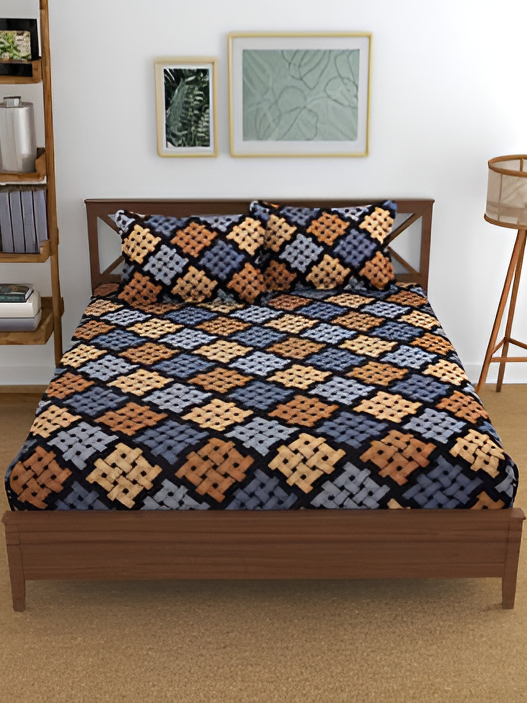 Innovative Edge Brics Grey Geometric Cotton 160 TC Fitted King Fine Bedsheet with 2 Pillow Covers-182 x 198 cm