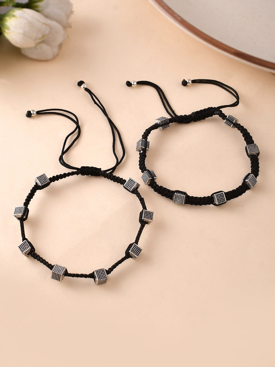 Silvermerc Designs Set of 2 Silver-Plated Beaded & Threaded Anklets