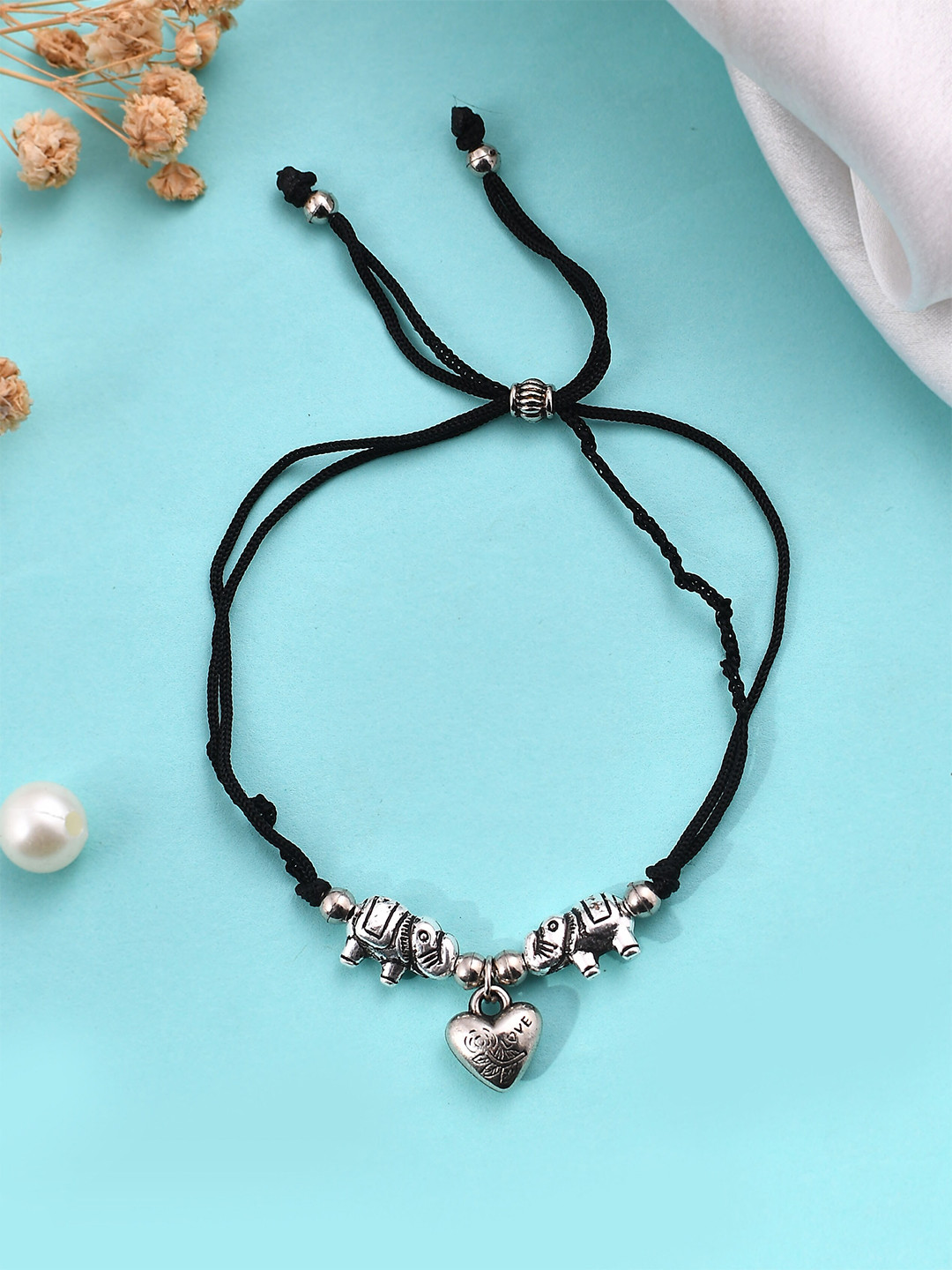 Silvermerc Designs Silver-Plated Heart Charm Elephant Beads Threaded Anklet