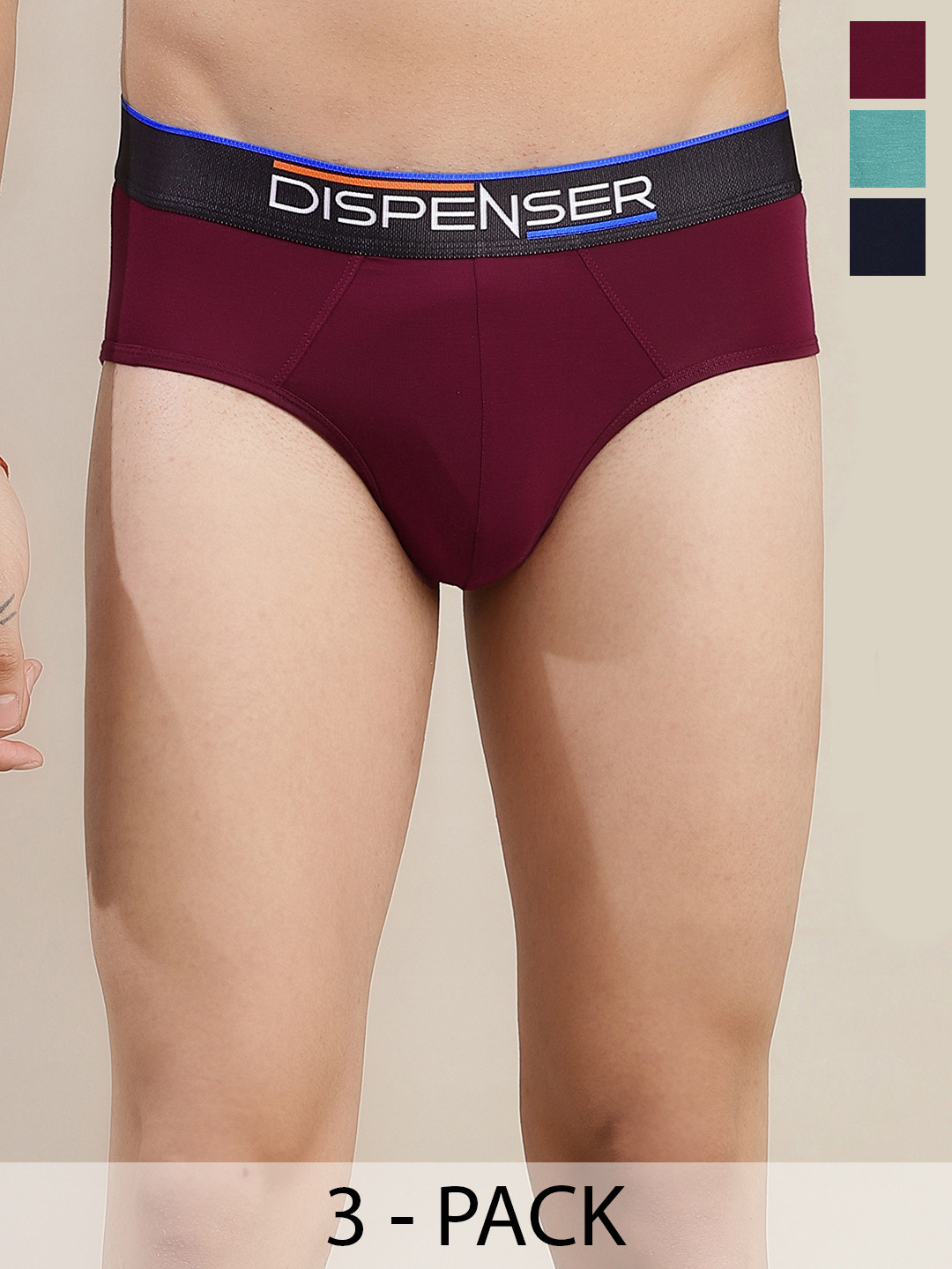DISPENSER Men Pack Of 3 Anti Roll Basic Briefs S2-Brief-Maroon-Navy-Rama-M