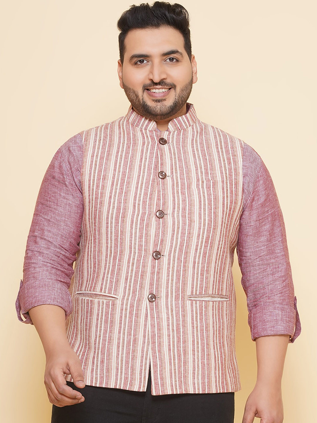 John Pride Plus Size Striped Cotton Linen Nehru Jacket