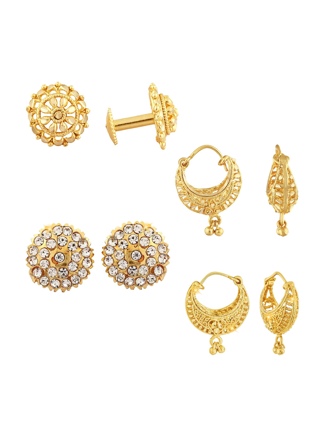 Vighnaharta Set of 4 Gold-Plated Cubic Zirconia Studded Floral Stud & Hoop Earrings