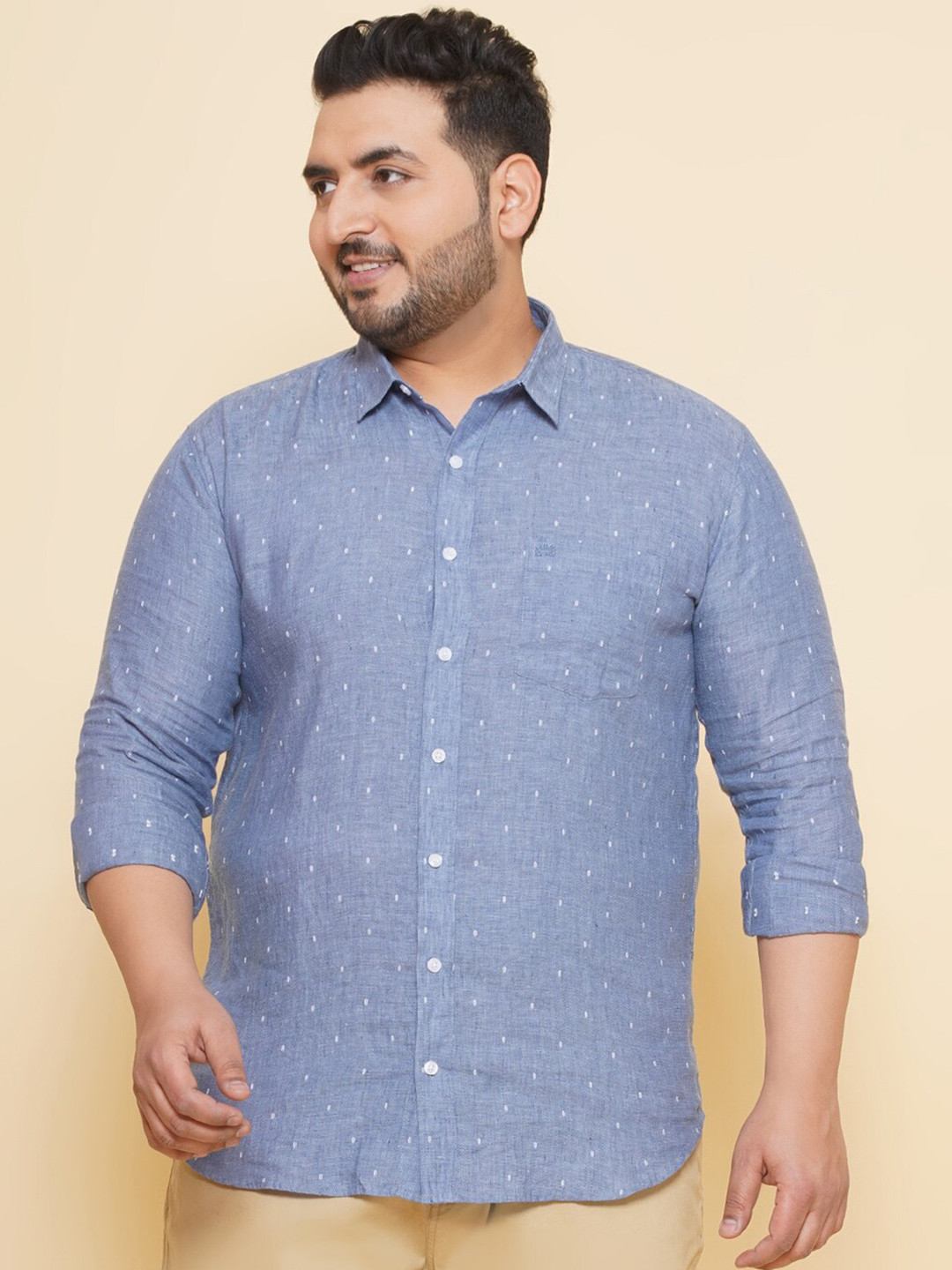 John Pride Plus Size Micro Disty Printed Pure Linen Casual Shirt