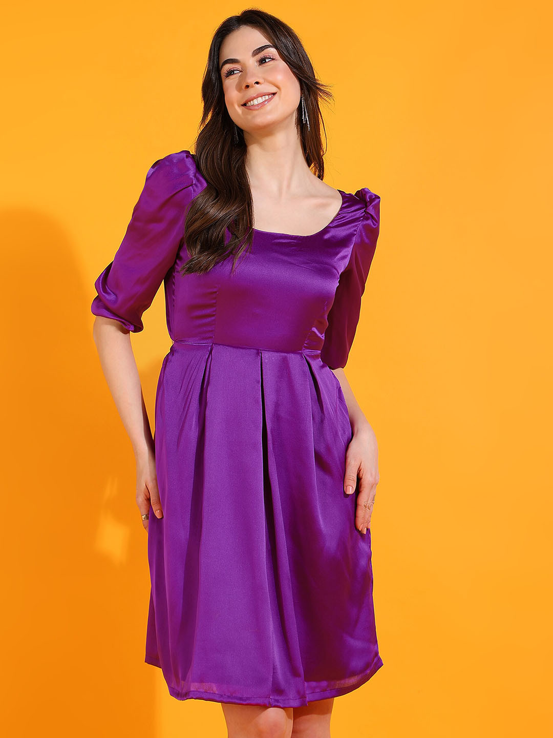 DODO & MOA Purple Round Neck Puff Sleeves Satin Fit & Flare Dress