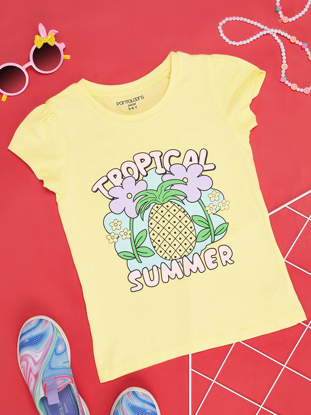 Pantaloons Junior Girls Printed Round Neck Cap Sleeves Cotton Regular Fit T-shirt