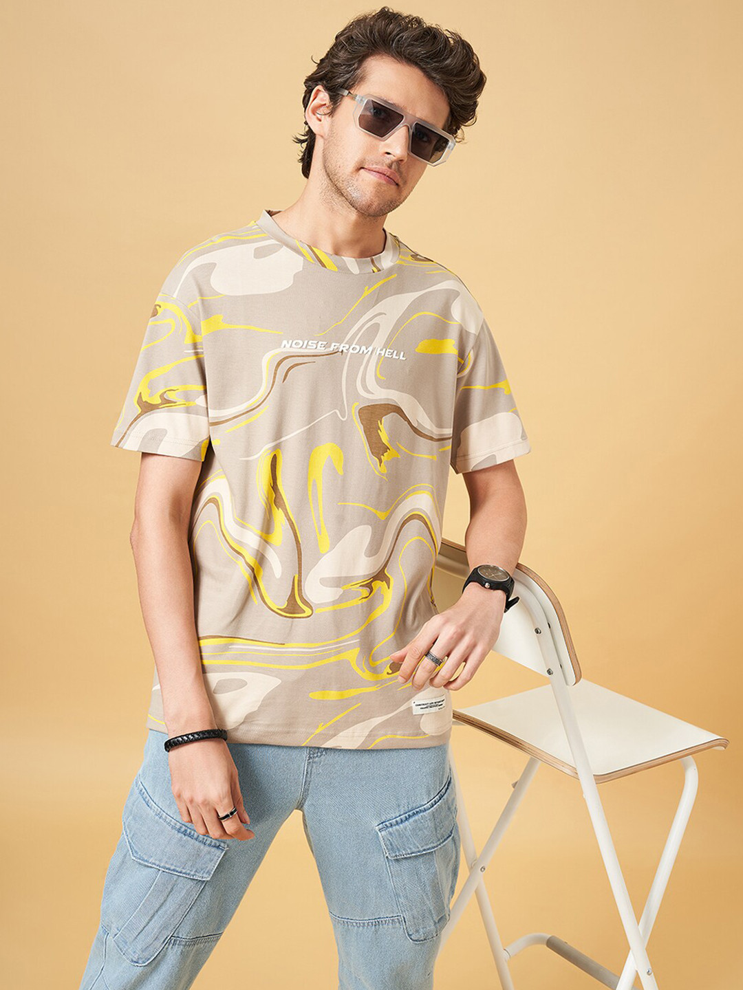 People Abstract Printed Drop-Shoulder Sleeves Relaxed Fit Pure Cotton T-shirt