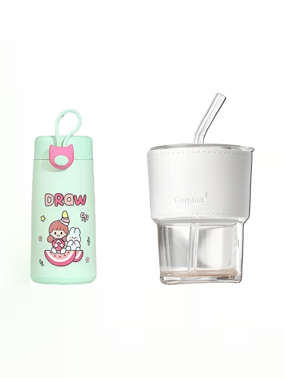 WELOUR Green & Transparent 2 Pieces Glass Water Bottles 300 ml Each